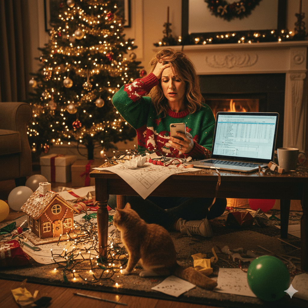 Stressed holiday planner surrounded by notes and décor
